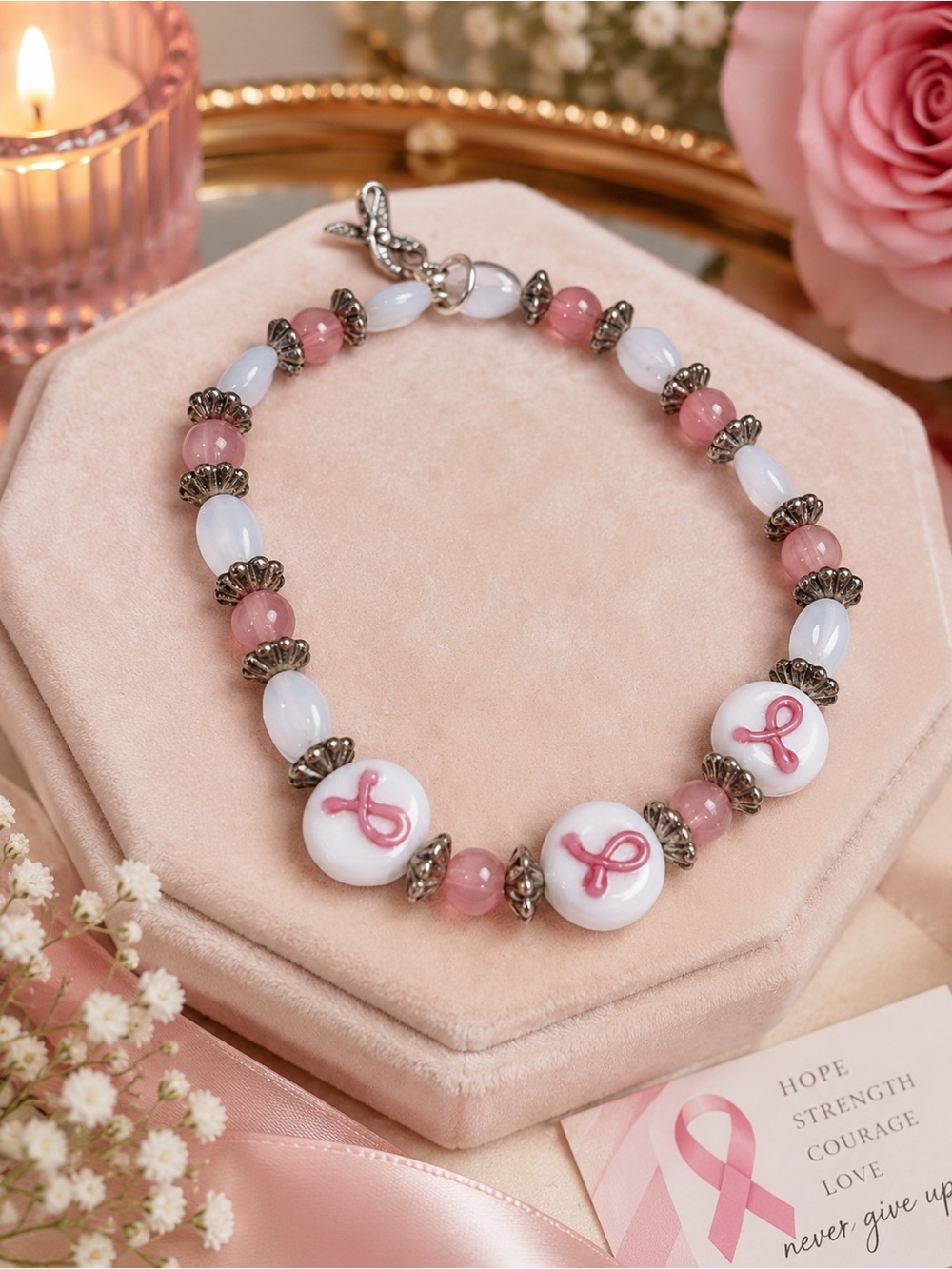 Breast Cancer Awareness Bracelet | Pink Ribbon Beaded Jewelry | Inspirational